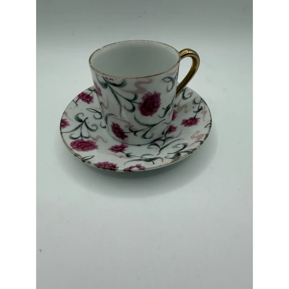 Vintage Carnation 6086 Porcelain Demitasse Cup Saucer Pink Floral Gold Trim
